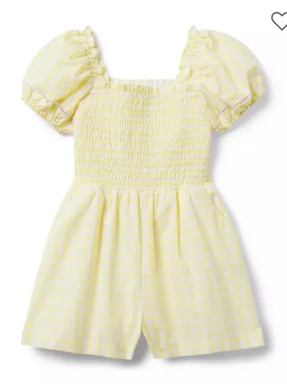 Janie and Jack Yellow Gingham Smocked Romper with Puff Sleeves